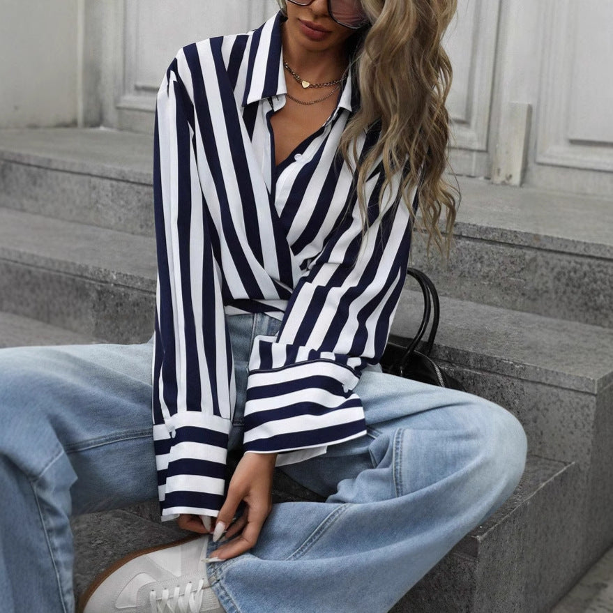 Women's striped long-sleeve loose shirt by FitiqueFit, featuring a relaxed fit and trendy horizontal stripe pattern.