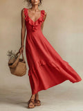 FitiqueFit sleeveless high-waist maxi dress with ruffle details, available in seven colors, shown in a casualwear style.