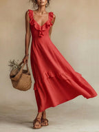 FitiqueFit sleeveless high-waist maxi dress with ruffle details, available in seven colors, shown in a casualwear style.