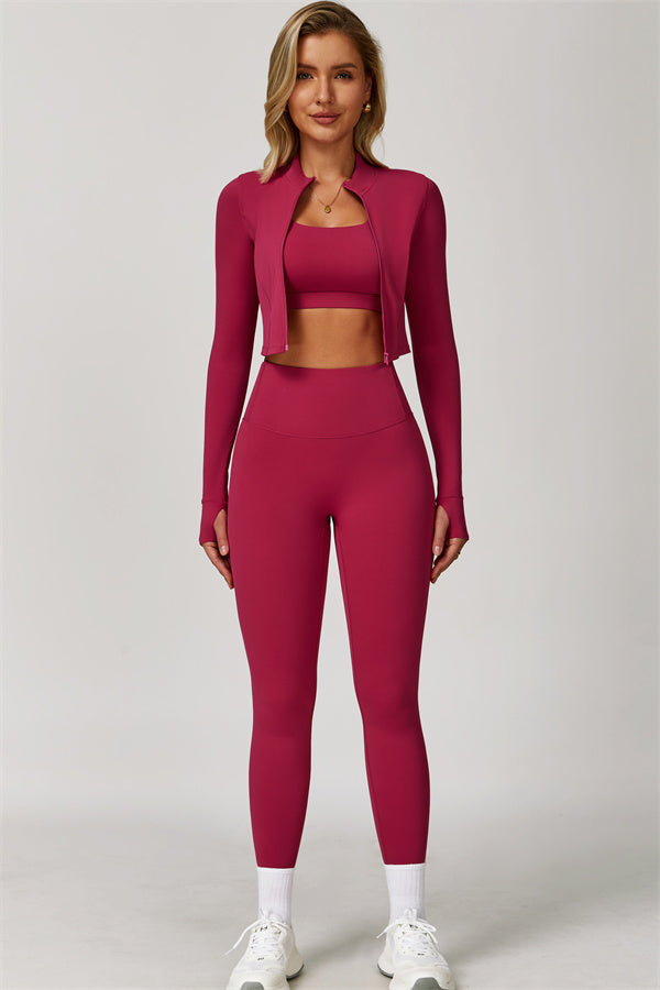 Fitglutes Activewear Eloise Jacket, sports bra, and leggings 3-piece matching set for workout and gym activities.