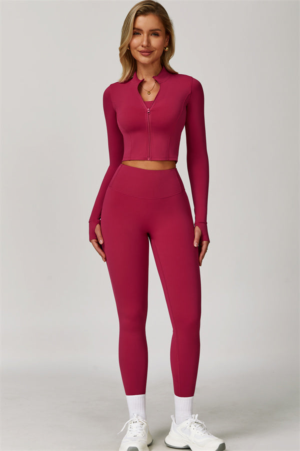 Fitglutes Activewear Eloise 3-piece sports bra, leggings, and jacket matching set, shown on a model in a gym setting.