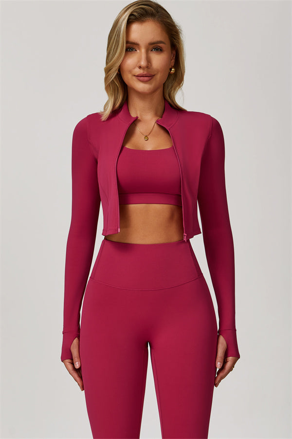 Fitglutes Activewear Eloise Jacket, sports bra, and leggings 3-piece matching set, shown on a model in a gym setting.