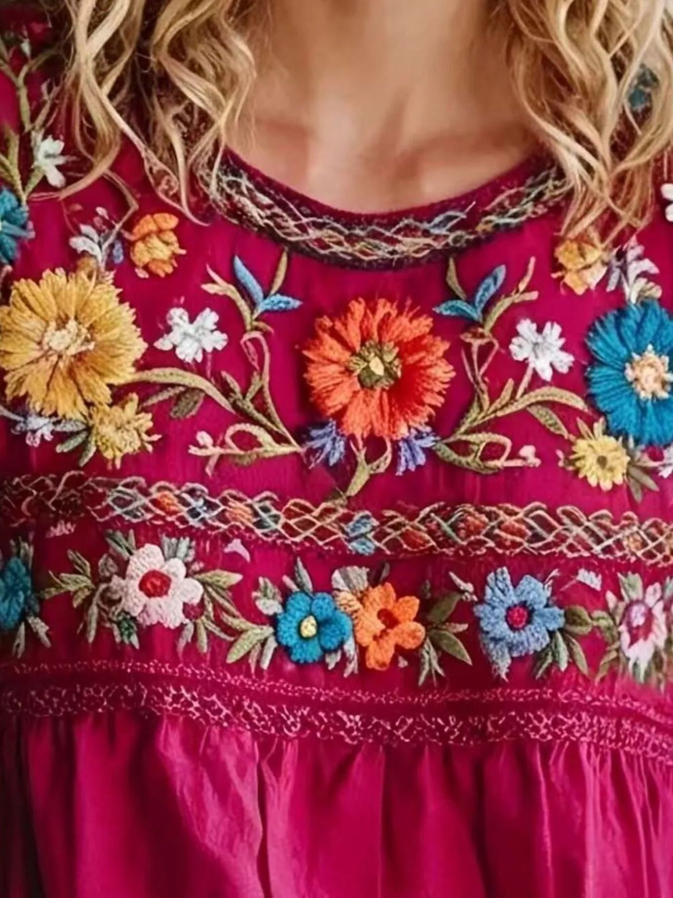 Plus size embroidered floral short sleeve blouse featuring a relaxed fit and colorful floral embroidery, perfect for casual wear.