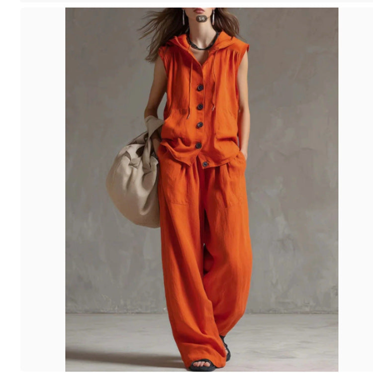 FitiqueFit sleeveless hooded top and wide-leg pants set, high-waist casualwear, shown in black with relaxed fit and modern style.