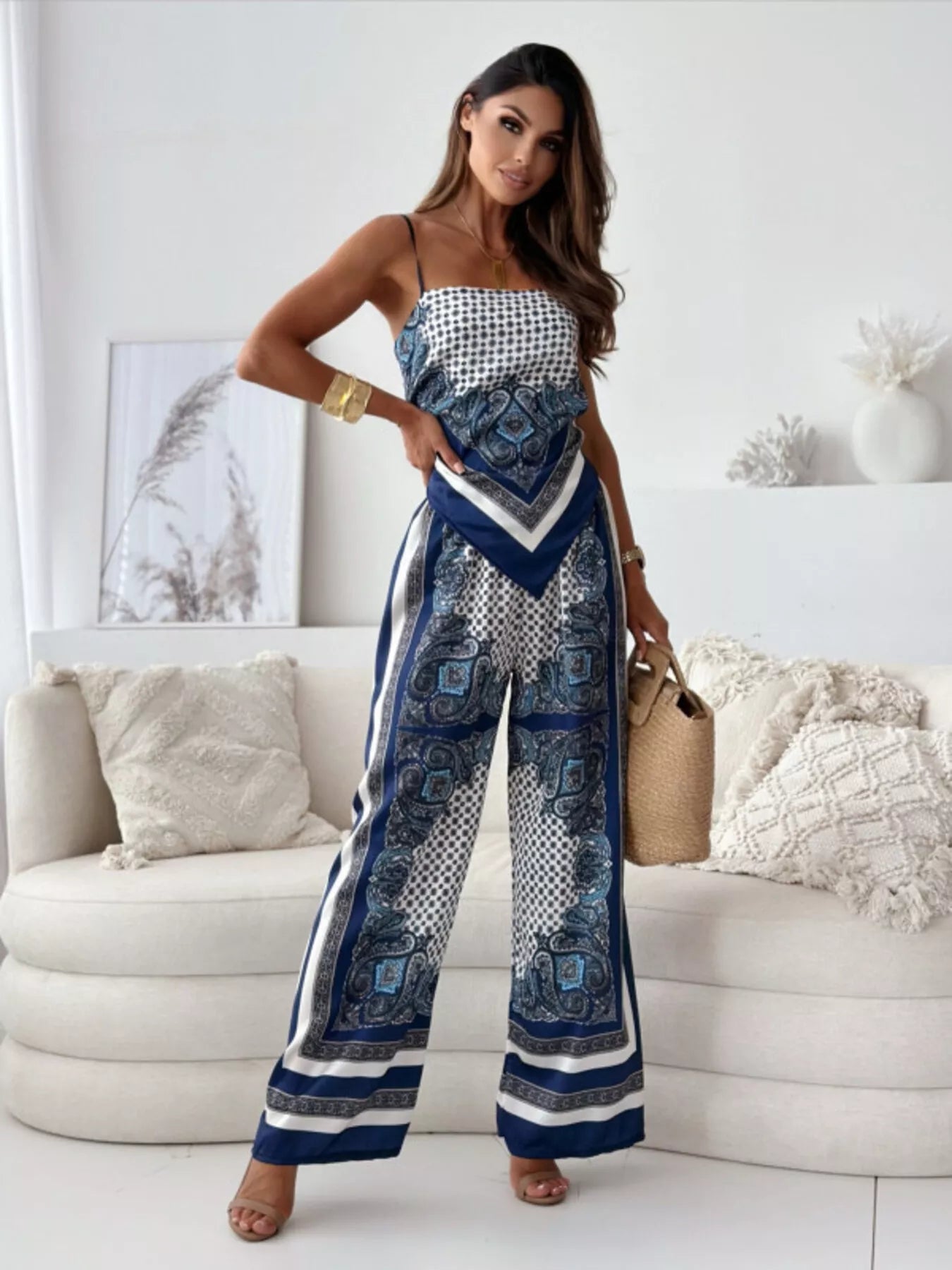 Printed cami and wide-leg pants set from Plush Fashion Hub, featuring a stylish matching top and flowy trousers.