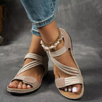 Open toe wedge sandals by Shopimist featuring tan leather straps and a cork wedge heel, perfect for summer footwear.