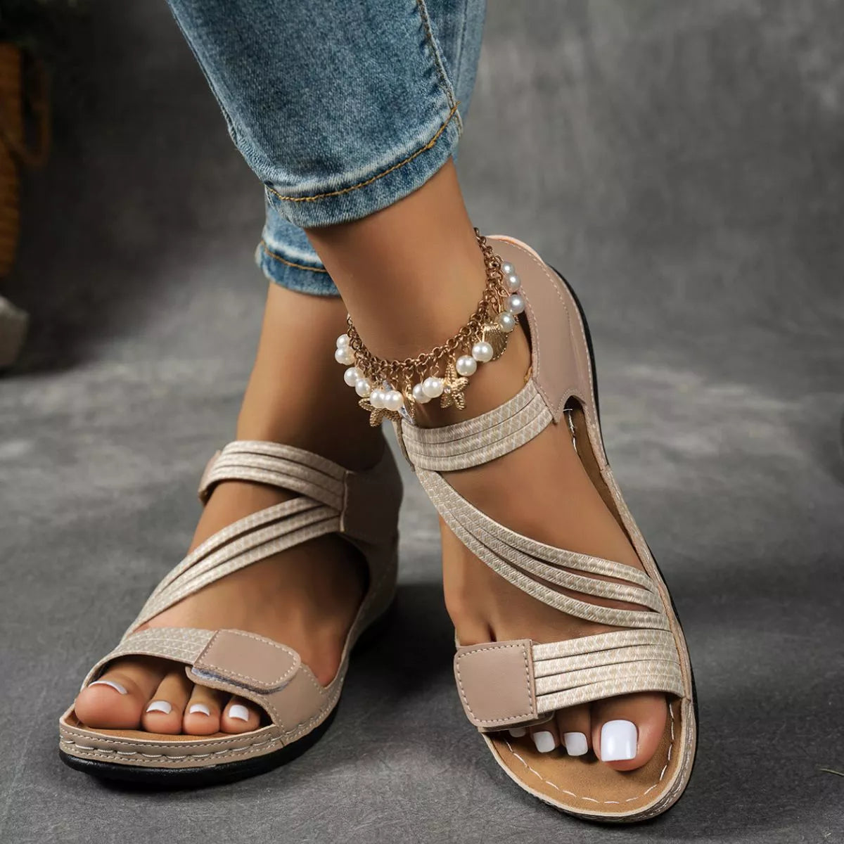 Open toe wedge sandals by Shopimist featuring tan leather straps and a cork wedge heel, perfect for summer footwear.