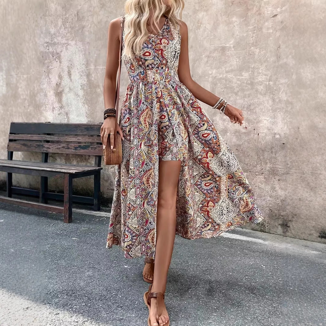 Women's printed V-neck sleeveless jumpsuit by Plush Fashion Hub, featuring casual chic style with vibrant vacation-inspired patterns.