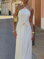 Backless Ruched Halter Neck Maxi Dress