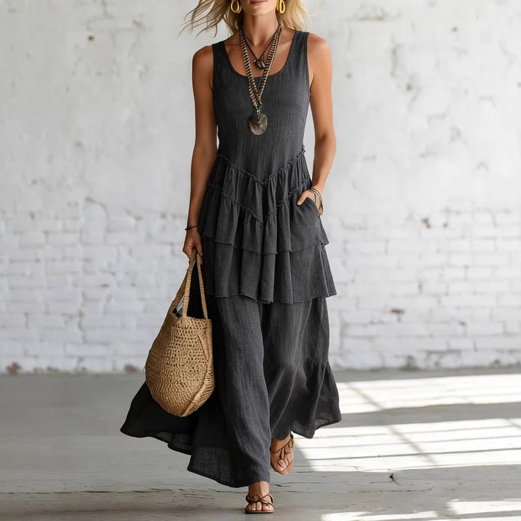 Women's cotton linen sleeveless loose maxi dress by FitiqueFit, featuring a casual, flowy design perfect for warm weather.