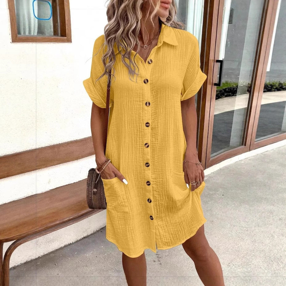 Women's casual FitiqueFit loose short-sleeve midi shirt dress with button-down front, displayed hanging on a wooden hanger.
