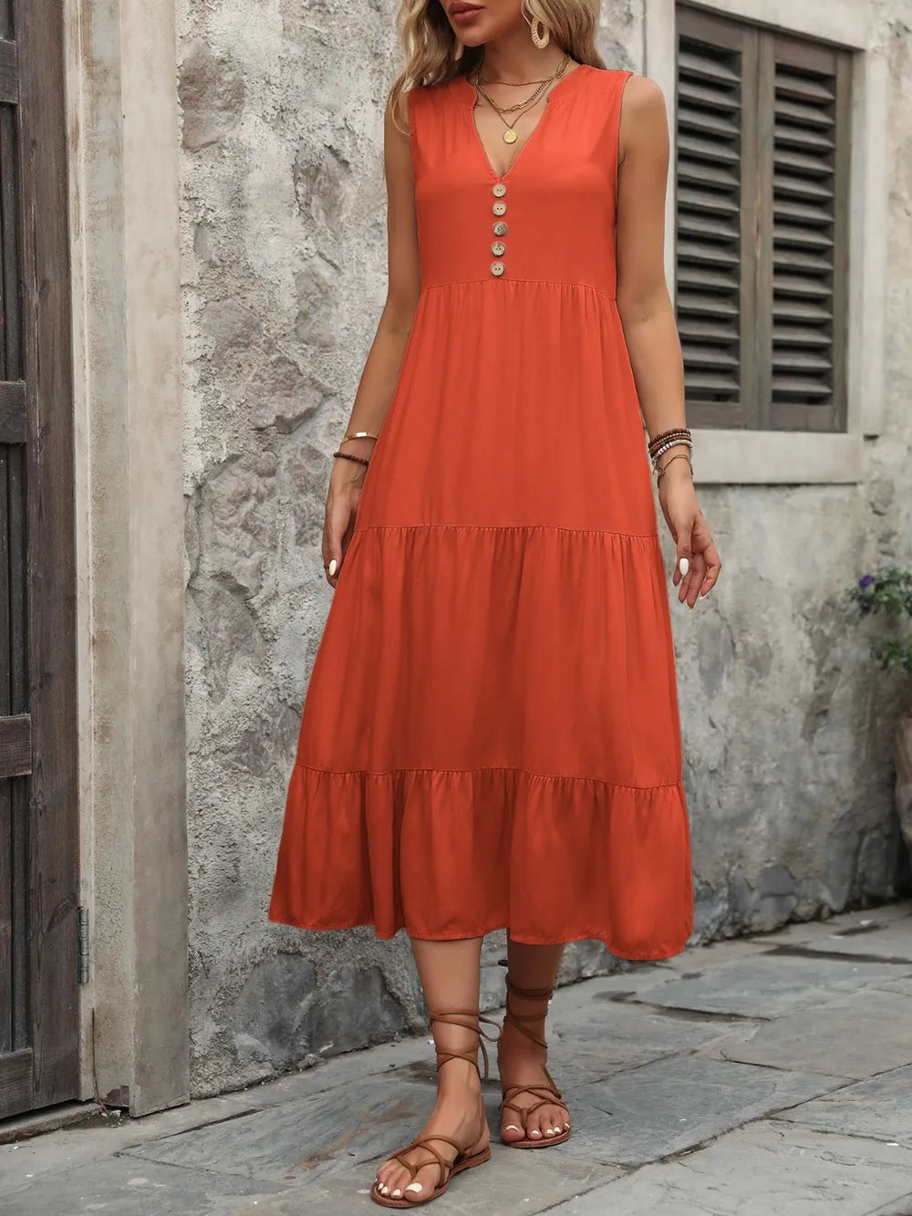 Ivy Lane women's sleeveless cotton notched neck button-down dress with a flowy silhouette and classic style.