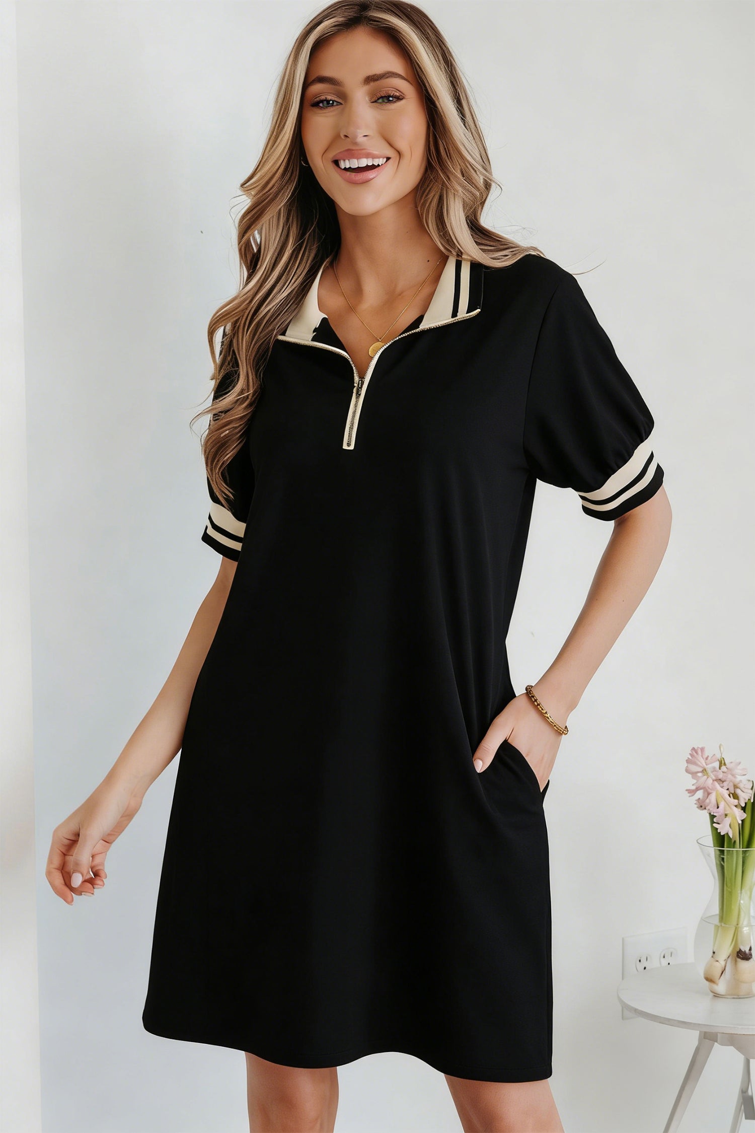 Jovie Trim Preppy Polo Tee from Threaded Pear, a stylish T-shirt dress with a classic polo collar and trim detail.