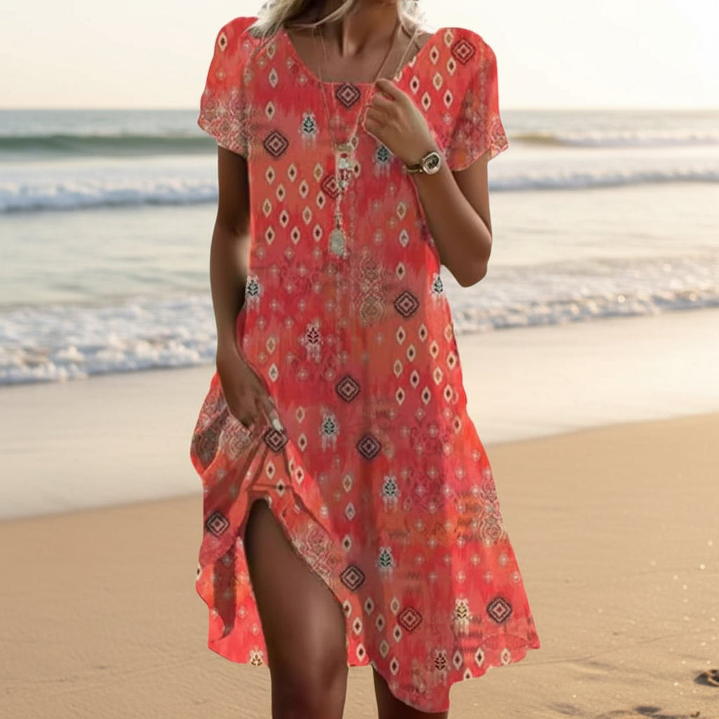 FitiqueFit ethnic print midi dress with scoop neck, geometric pattern, boho style, flowing fabric, and vibrant design.
