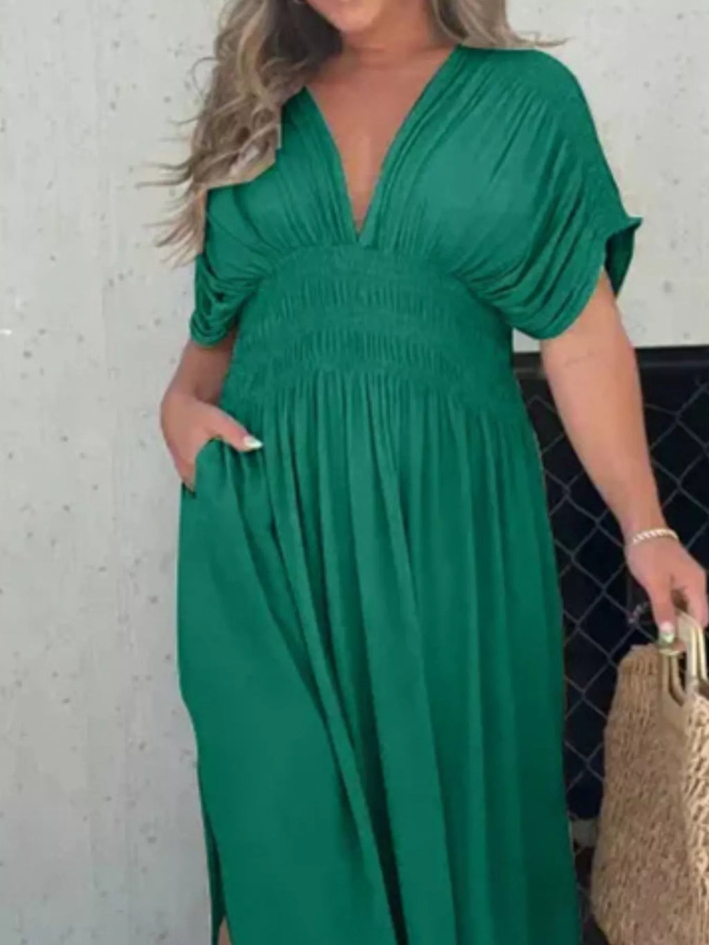 Plus size Trendsi maxi dress with slit V-neck, smocked waist, and flowing fabric, perfect for elegant summer occasions.