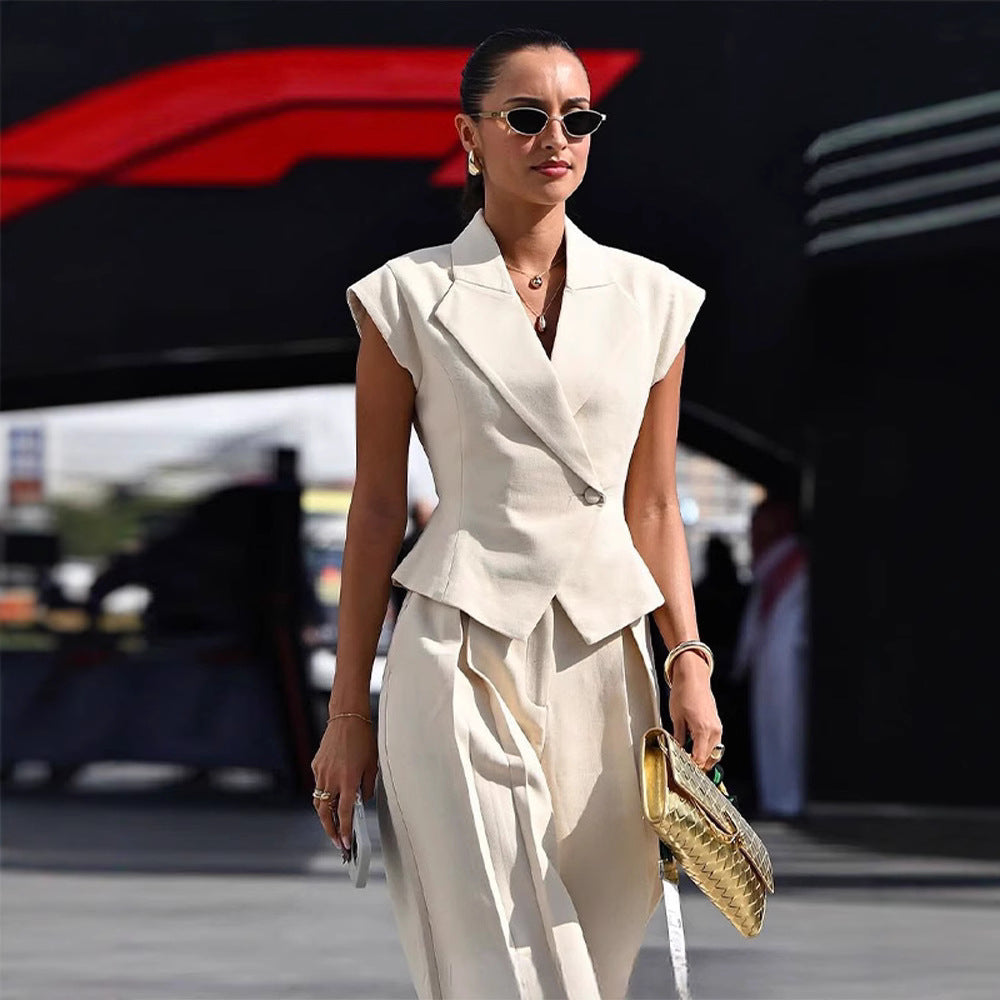 Women’s sleeveless waist-cinching two-piece suit set by FitiqueFit, featuring a stylish casualwear design and tailored fit.