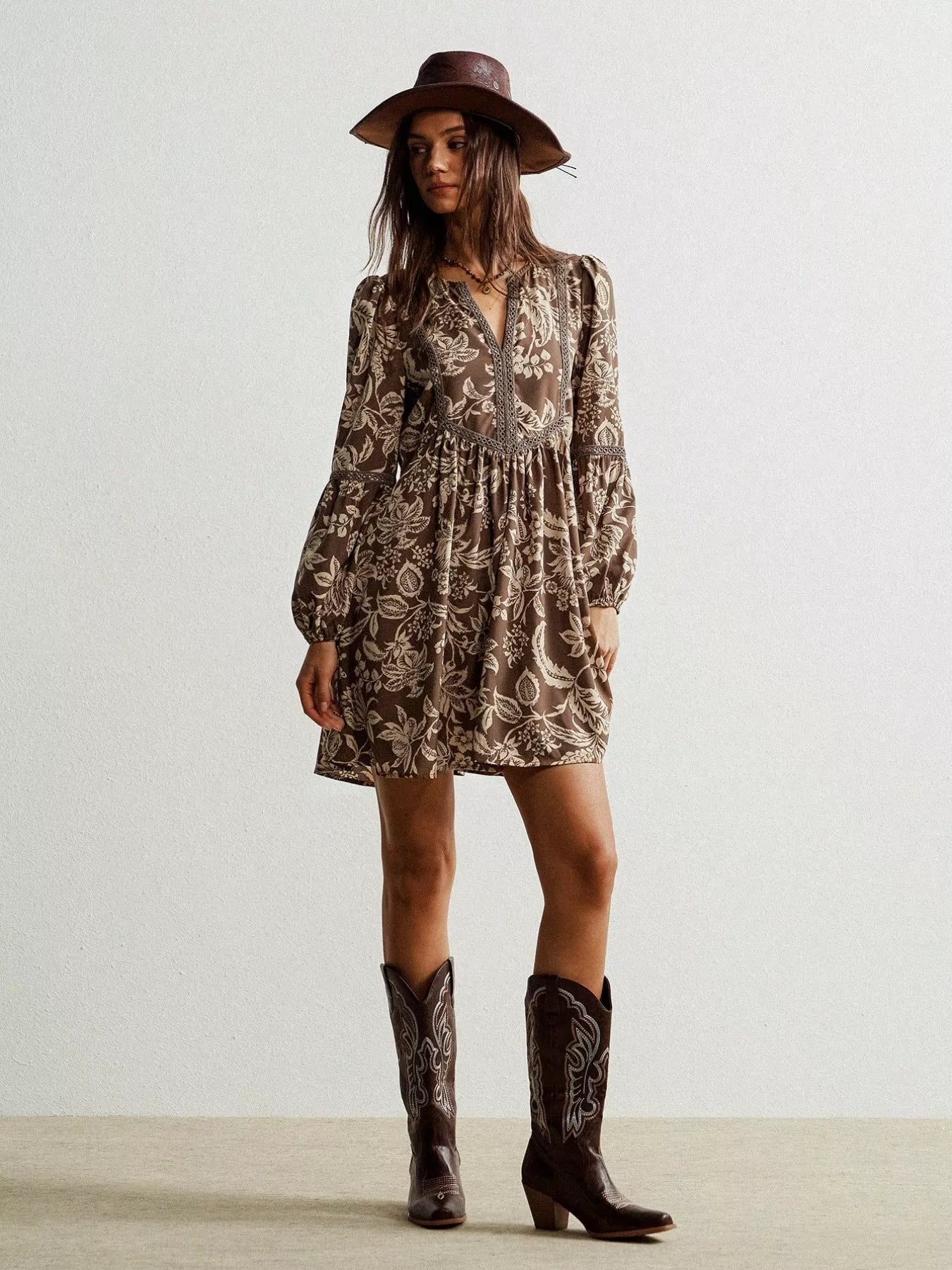 Plus size printed notched long sleeve dress by Shopimist, featuring a stylish pattern and a flattering fit in a full-length view.