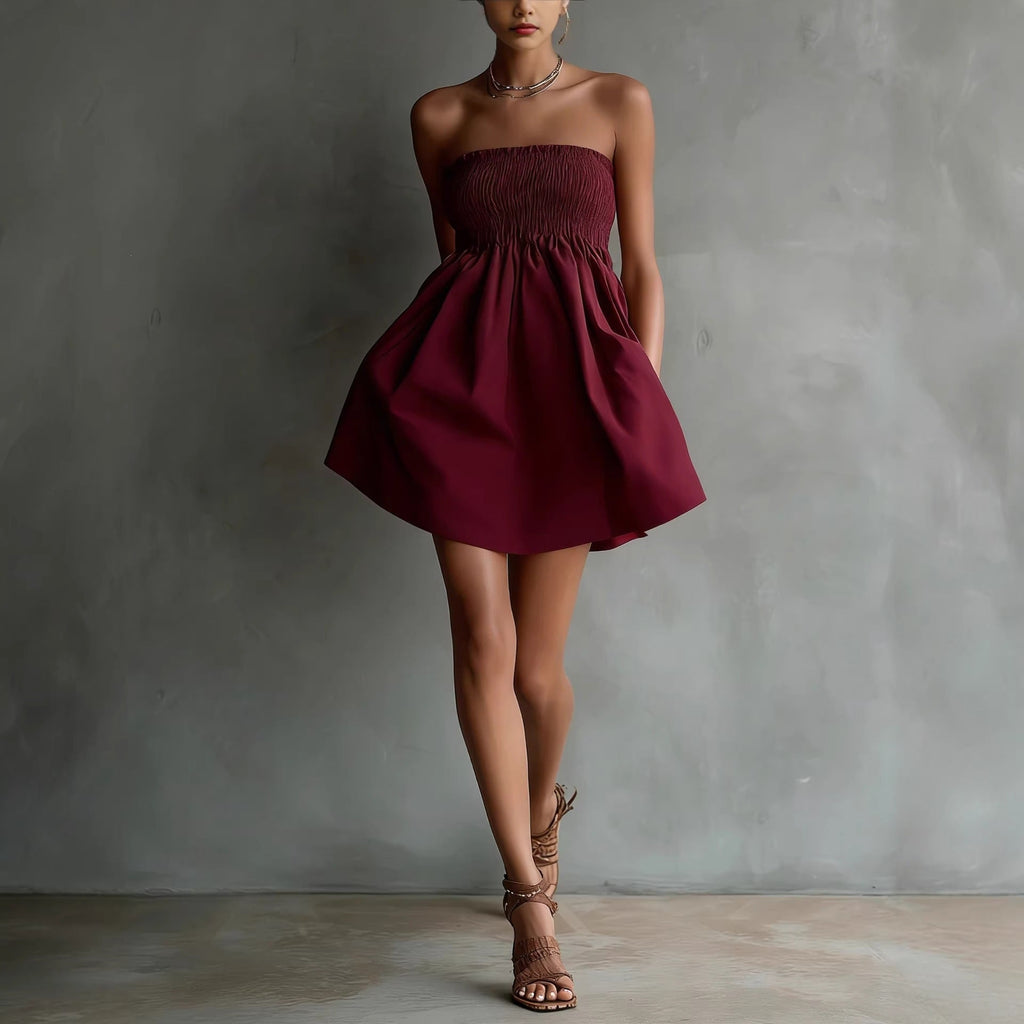 Women's strapless tube mini dress by FitiqueFit in solid color with elastic waist, perfect for casualwear.