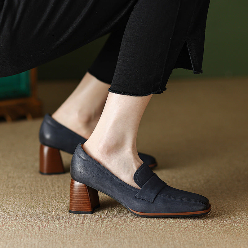 Women's sheepskin square toe chunky heel pumps by Plush Fashion Hub, showcasing retro high heel dress shoes in neutral tones.