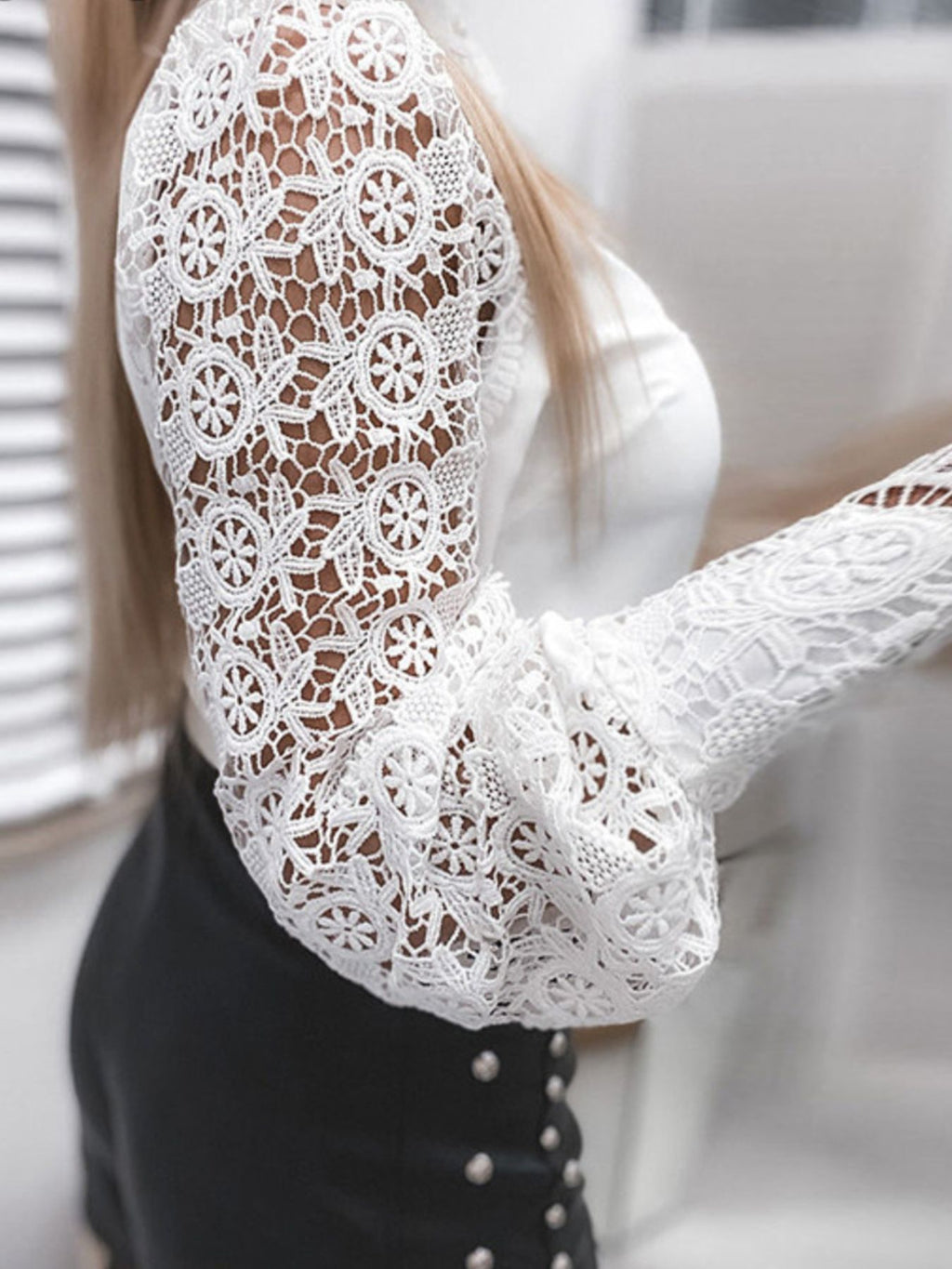 Elegant lace detail long sleeve button-down shirt from Trendsi, featuring sophisticated design suitable for office wear.
