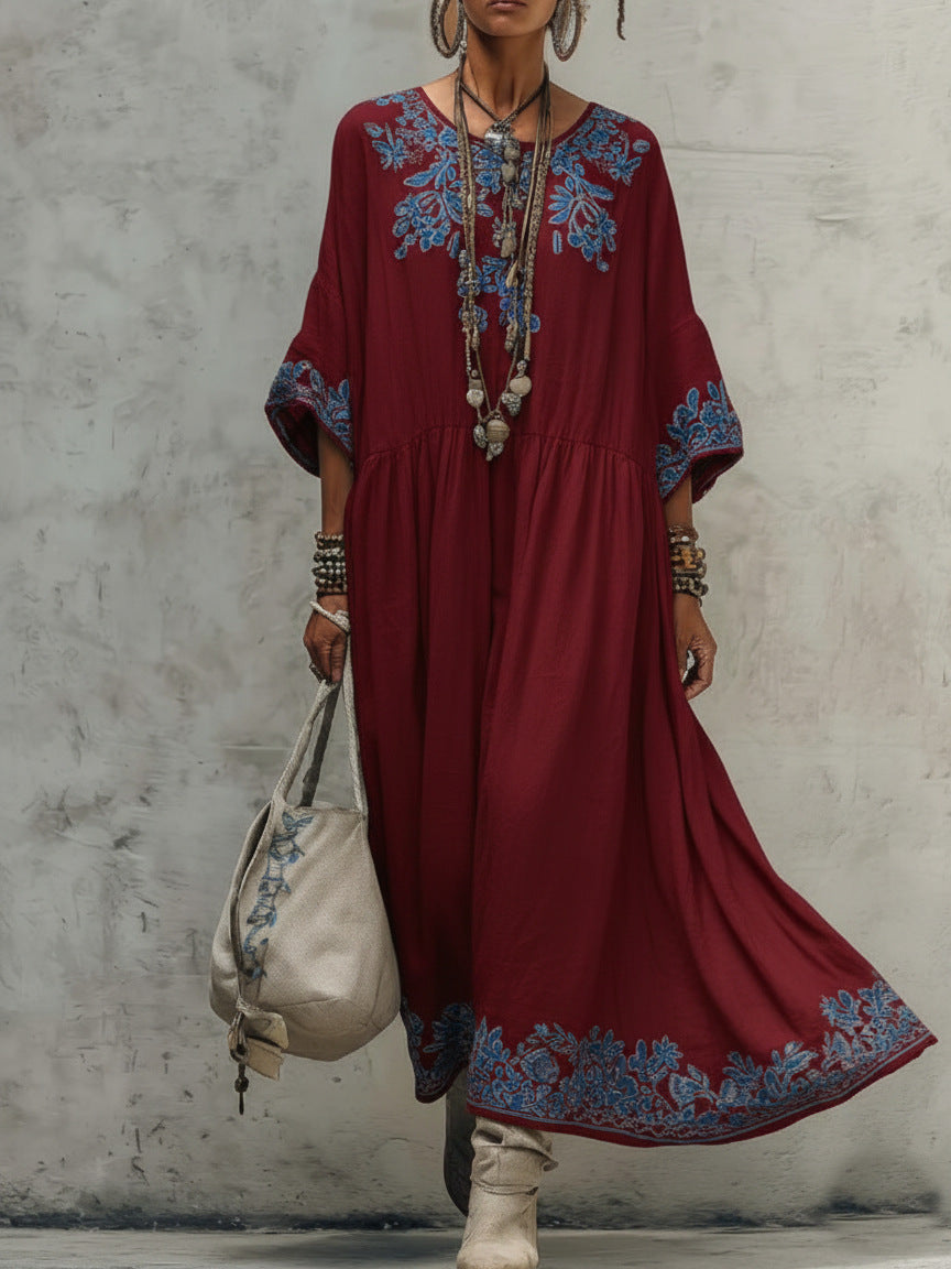 Women's printed batwing sleeve midi dress by Plush Fashion Hub featuring a loose fit linen blend and stylish design.