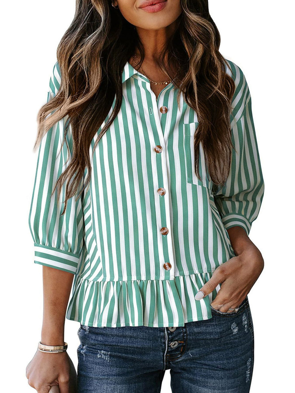 Women's striped button-down blouse with ruffled hem, lightweight viscose fabric, stylish and casual fashion from Trendsi.