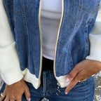 Women's denim patchwork zip-up jacket by FitiqueFit, casualwear style, showing front view with patchwork design and zipper closure.