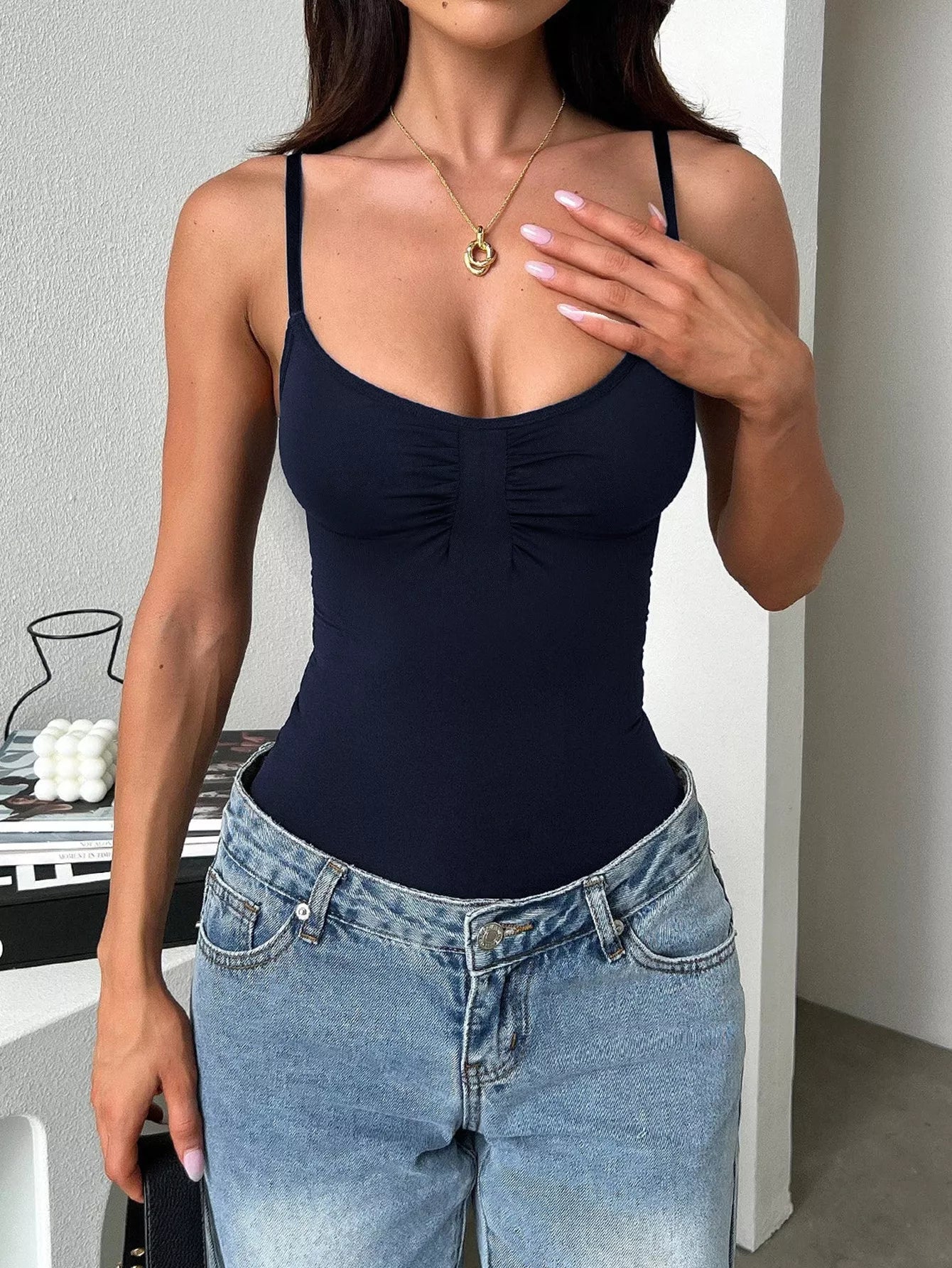 Plush Fashion Hub scoop neck camisole in plush fabric, close-up view showing soft texture and comfortable fit.