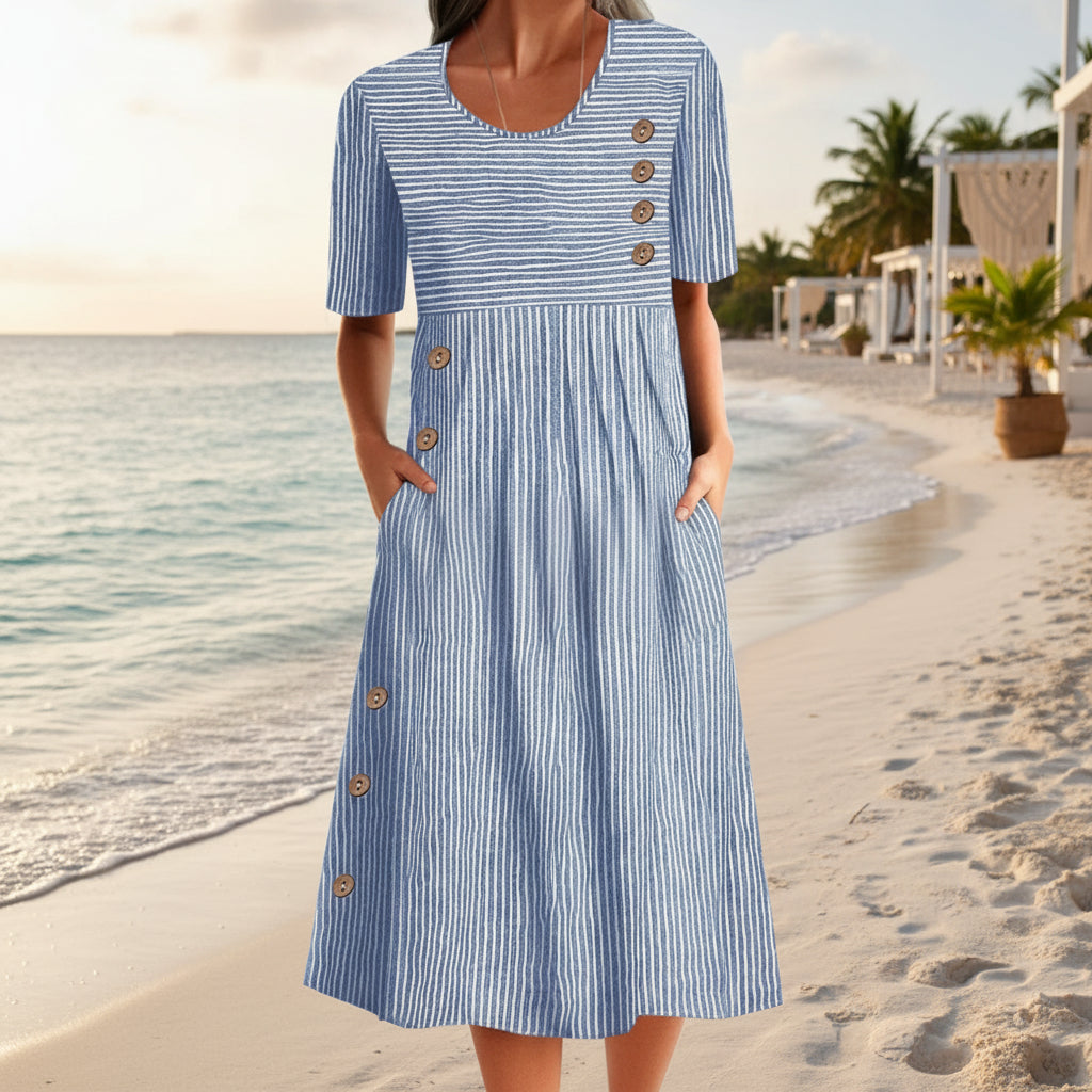 FitiqueFit button-down swing maxi dress with short sleeves, pockets, and a pullover design, flowing and stylish for casual wear.