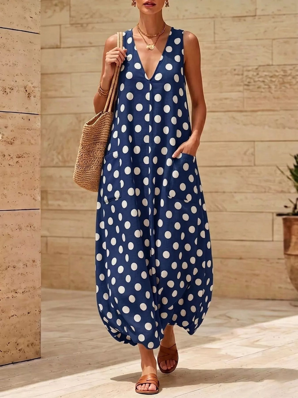 Polka dot V-neck sleeveless maxi dress by Shopimist with a flowing silhouette and bold black and white pattern.
