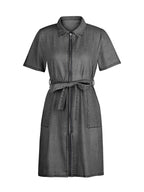 Plus size VYSN denim dress with short sleeves and full front zipper, shown in a casual, stylish fit.