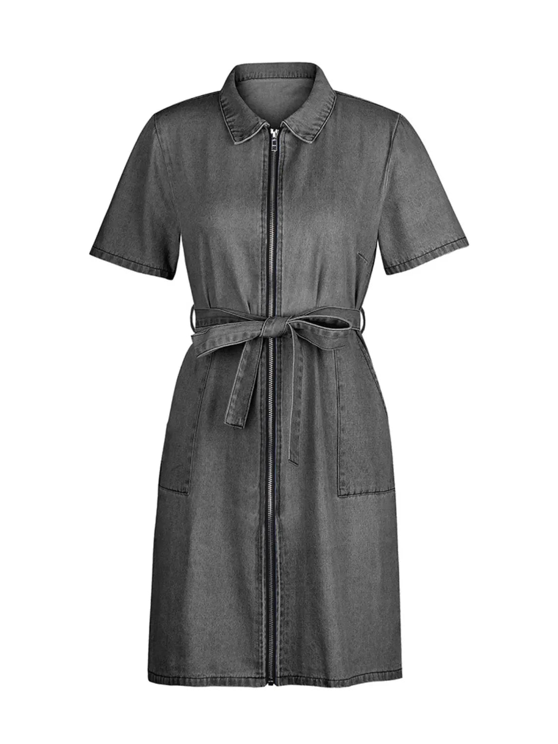 Plus size VYSN denim dress with short sleeves and full front zipper, shown in a casual, stylish fit.
