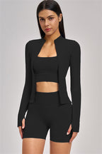 Fitglutes Activewear sports bra, shorts, and jacket 3-piece set for workout and gym activities, shown in the image.