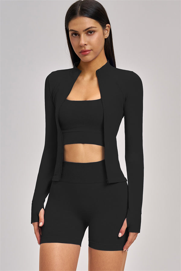Fitglutes Activewear sports bra, shorts, and jacket 3-piece set for workout and gym activities, shown in the image.