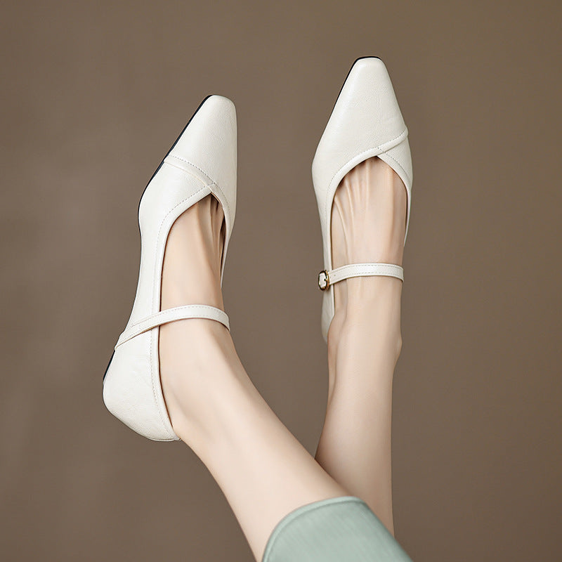 Women's floral detail FitiqueFit pointed toe low square heel buckle flats, stylish dress shoes with floral accents on beige background.