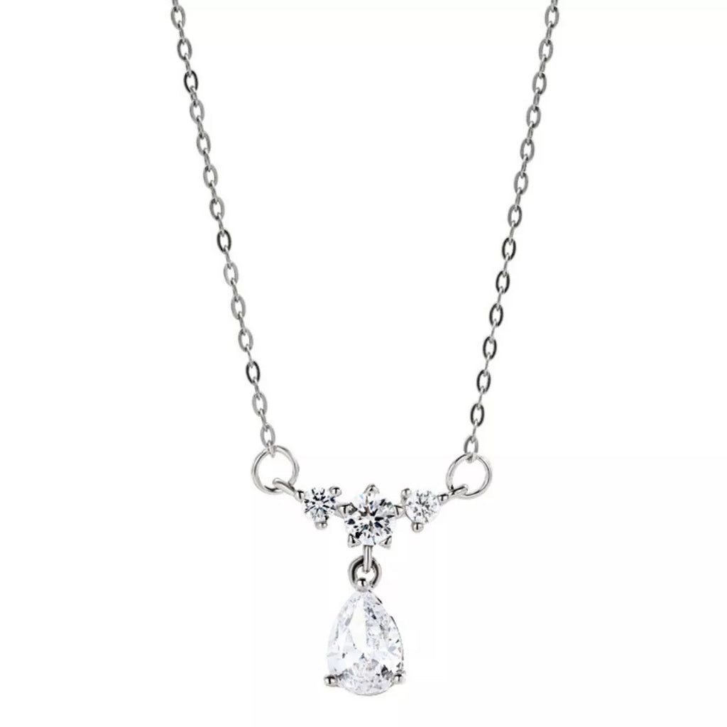 Sterling silver zircon teardrop necklace with a delicate chain and sparkling gemstone, showcasing elegant jewelry design.