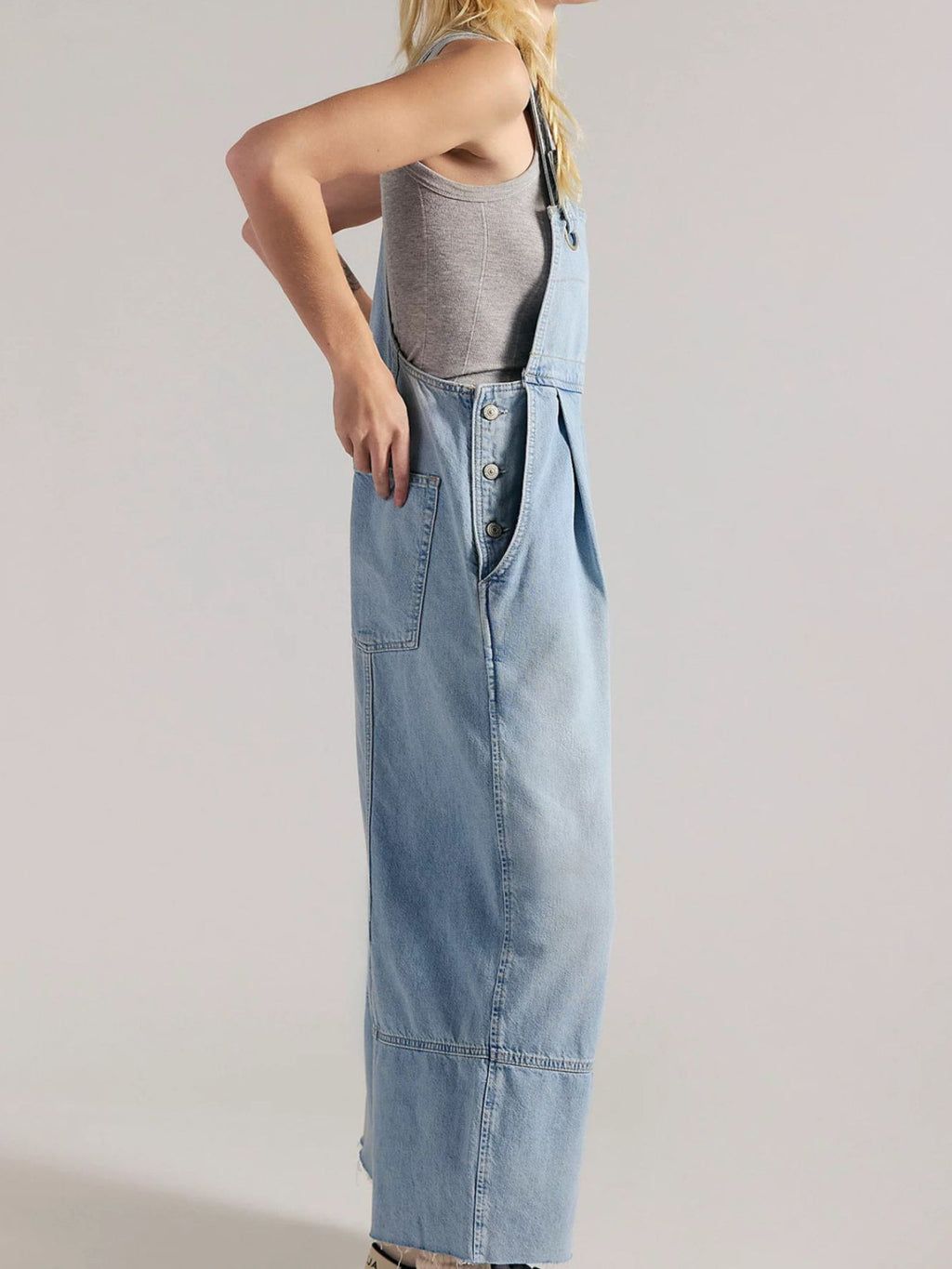 Lightweight raw hem wide-leg denim jumpsuit by Trendsi featuring casual chic overalls with a relaxed fit and casual style.