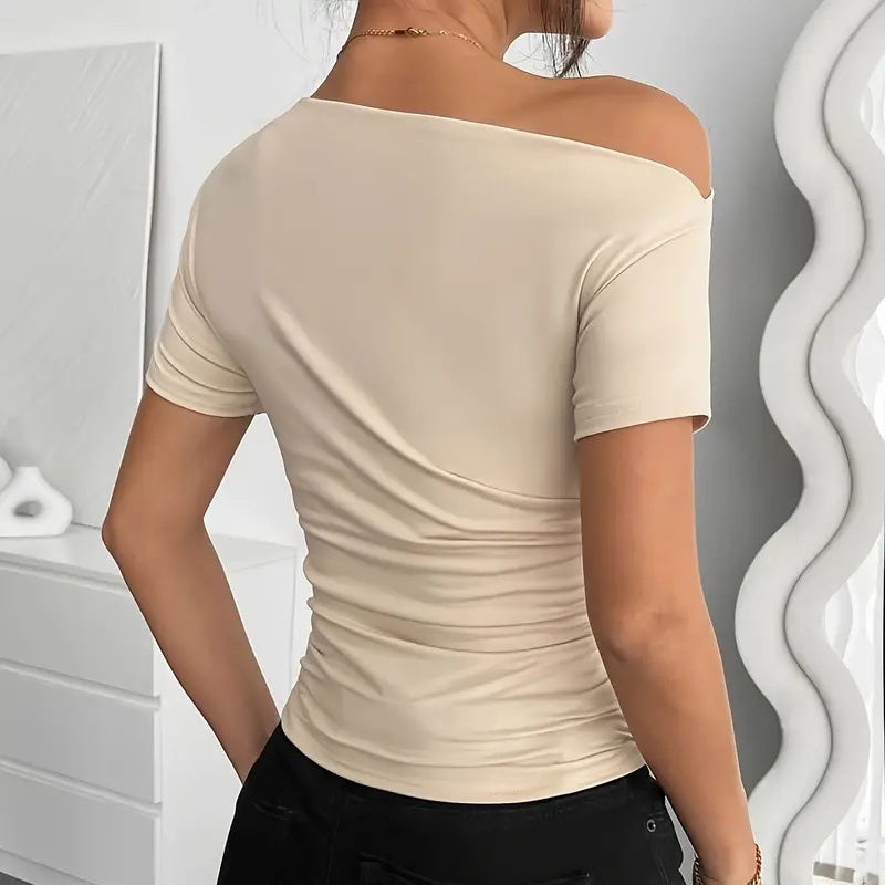 Women’s Y2K Ruched One-Shoulder Summer Top by FitiqueFit, slim fit casual shirt with asymmetrical design and ruched detail.