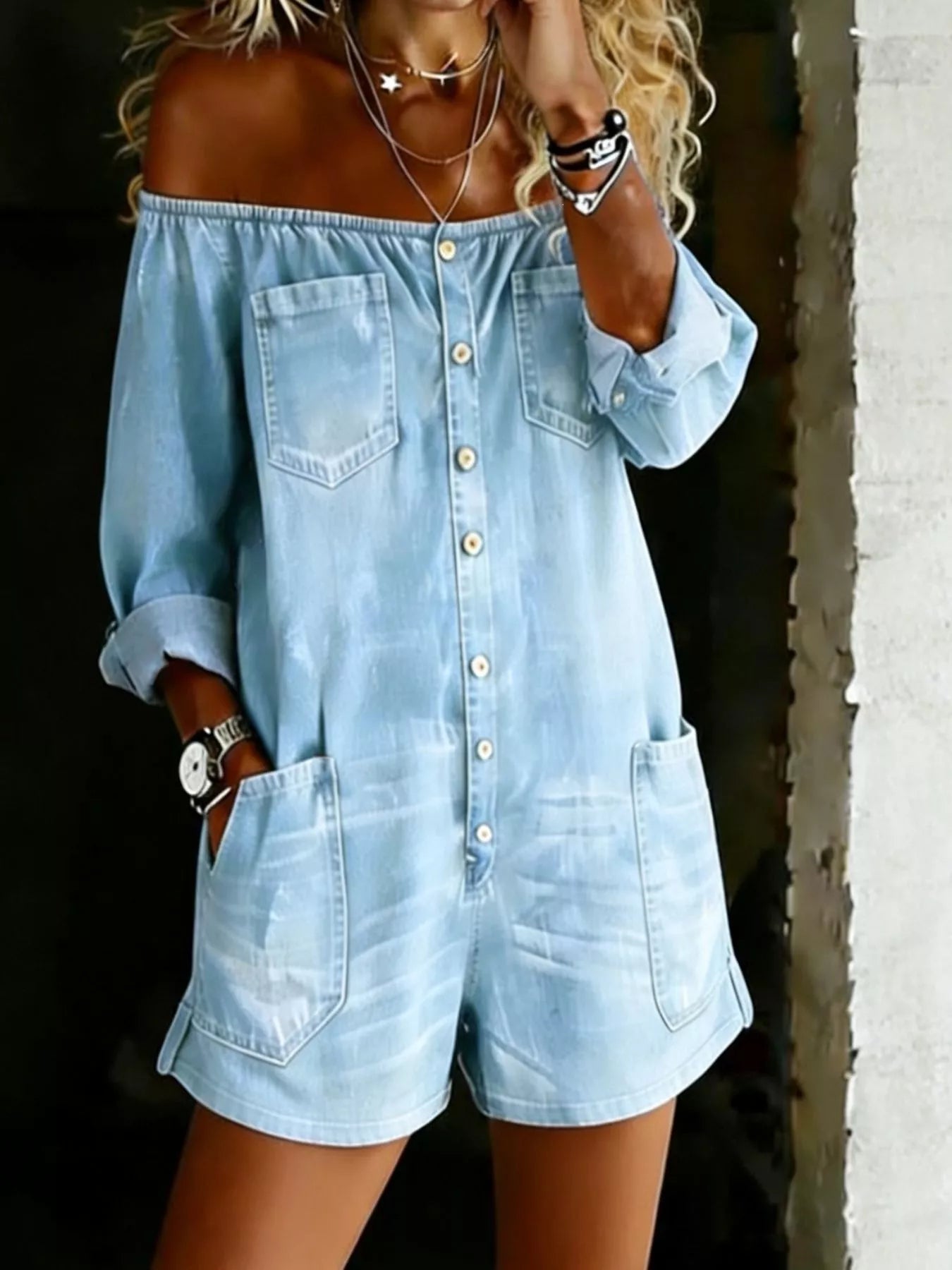 Plus size off-shoulder button-down romper from Shopimist, featuring a full-length front with short sleeves and a relaxed fit.