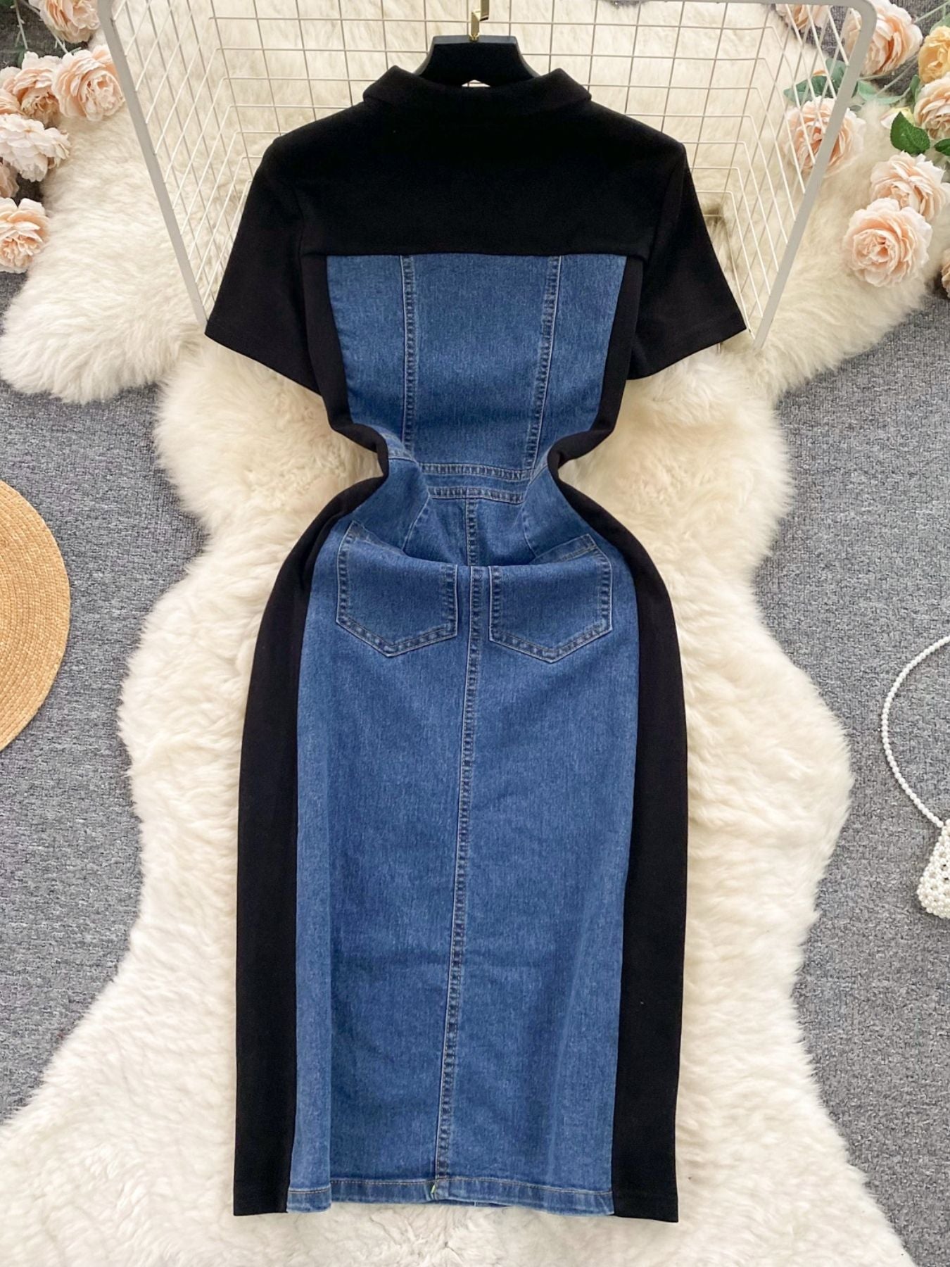 Color block denim patchwork bodycon mini dress from Plush Fashion Hub, featuring a fitted silhouette and vibrant color panels.