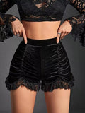 Velvet ruched shorts with lace trim from Shopimist, featuring a soft velvet fabric and delicate lace detailing on the hem.