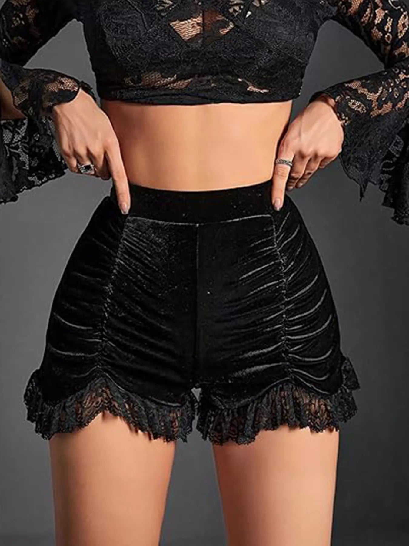 Velvet ruched lace trim shorts by Plush Fashion Hub, showing soft velvet fabric with delicate lace details and ruched design.