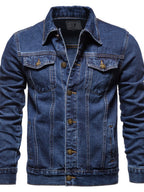 Men's VYSN denim jacket with long sleeves and button-down front, casual fashion piece with classic blue denim fabric.
