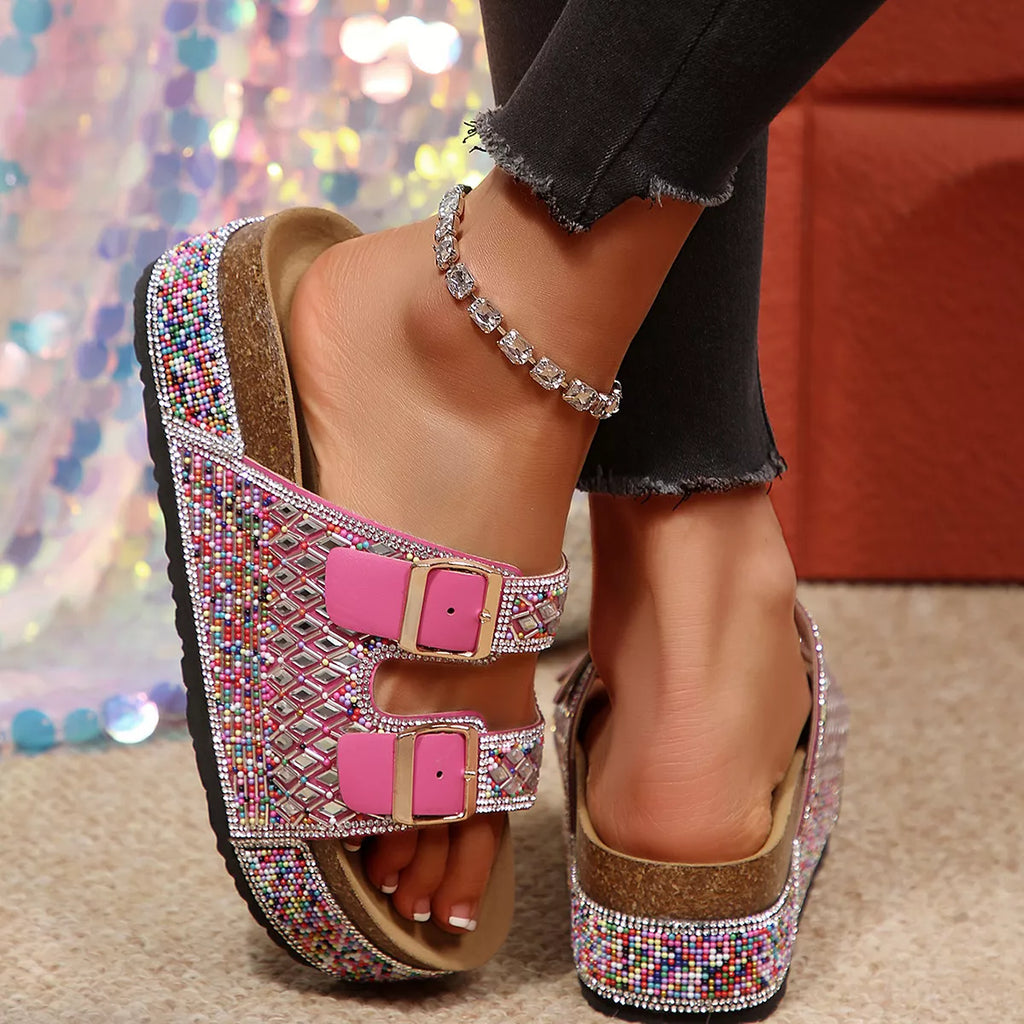 Shopimist rhinestone double buckle sandals featuring sparkling embellishments and stylish open-toe design.
