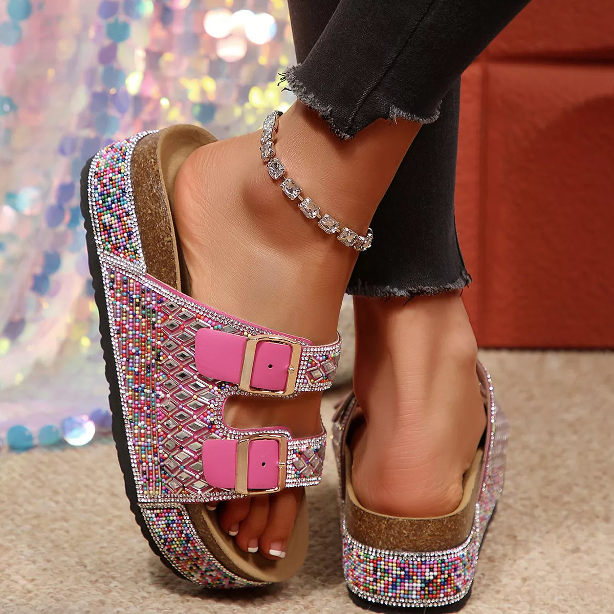 Shopimist rhinestone double buckle sandals featuring sparkling embellishments and stylish open-toe design.