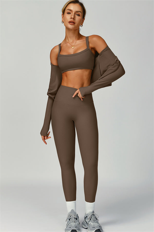 Fitglutes Activewear sports bra, jacket, and leggings 3-piece set, stylish workout clothes for gym and activewear.