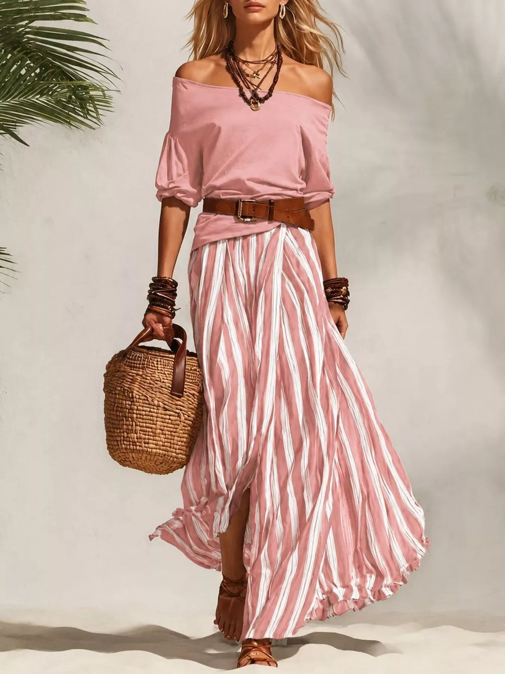 Off shoulder top and striped maxi skirt set by Shopimist featuring a stylish, casual summer look with flowing fabric and bold stripes.