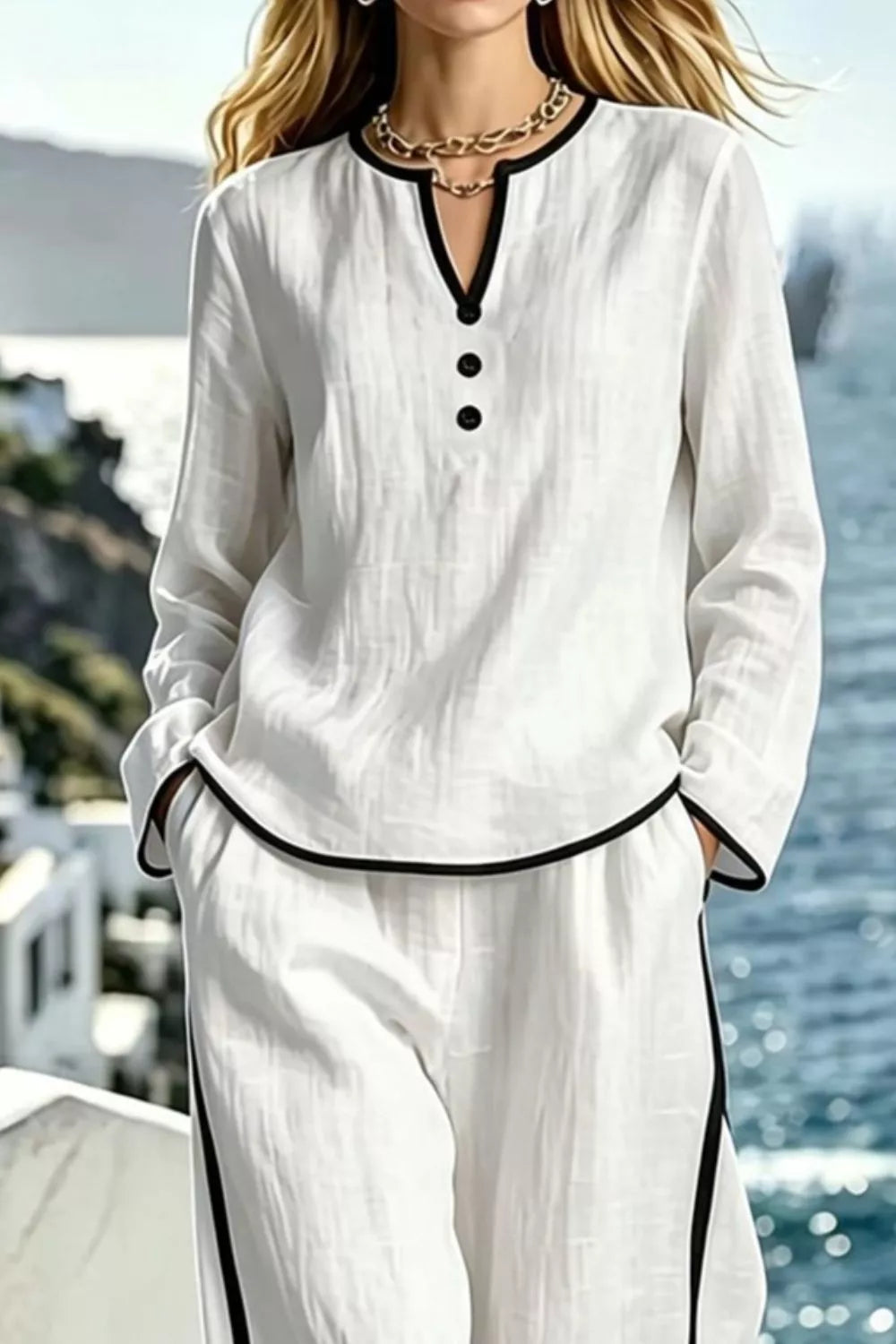 Plush Fashion Hub contrast trim long sleeve top and pants lounge set, soft fabric with stylish color accents and comfortable fit.
