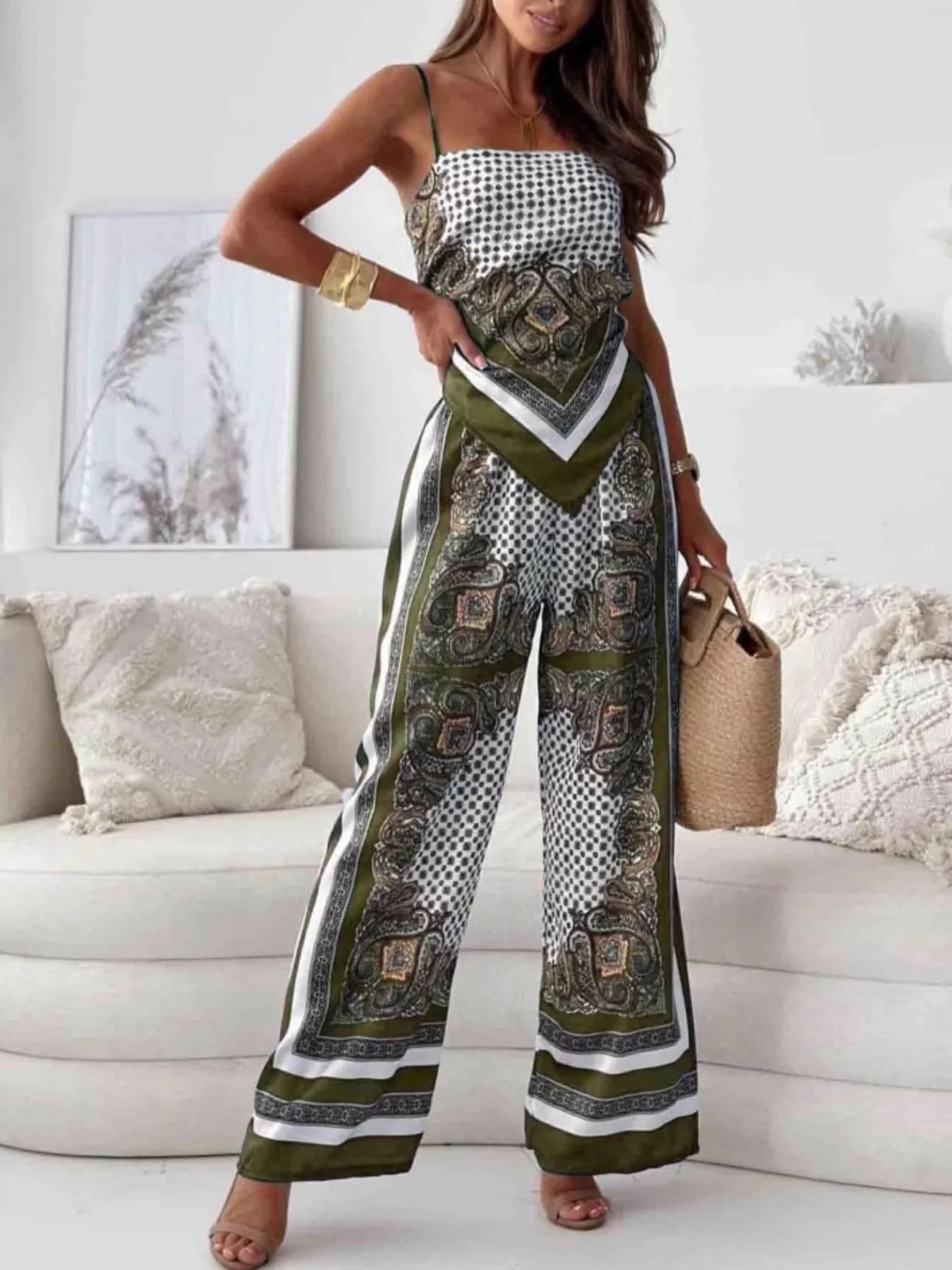 Printed cami and wide leg pants set by Shopimist, featuring a stylish matching top and flowy trousers in vibrant fabric.