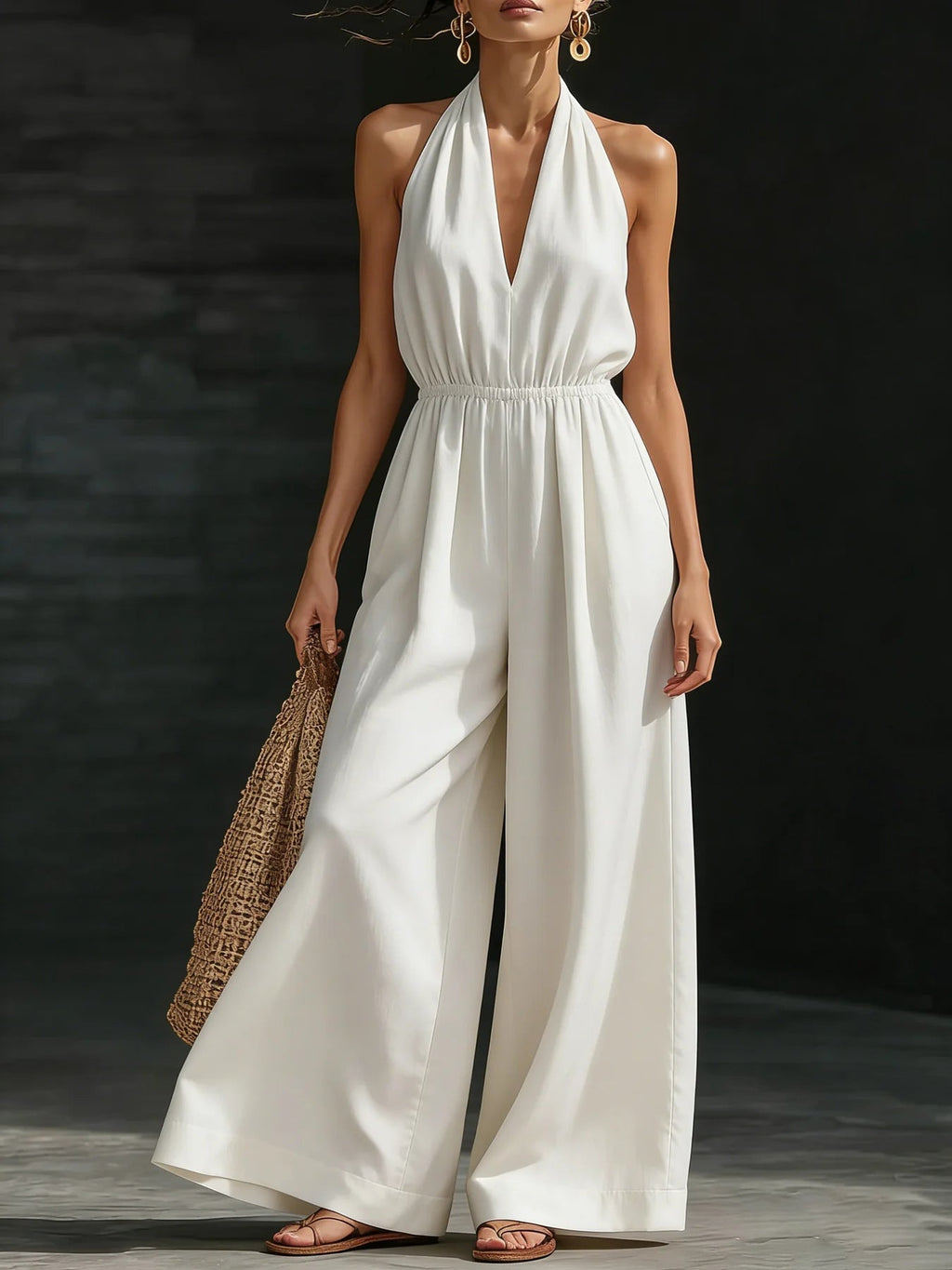 Black V-neck halter neck jumpsuit for women by Plush Fashion Hub, featuring a fitted silhouette and sleeveless design.